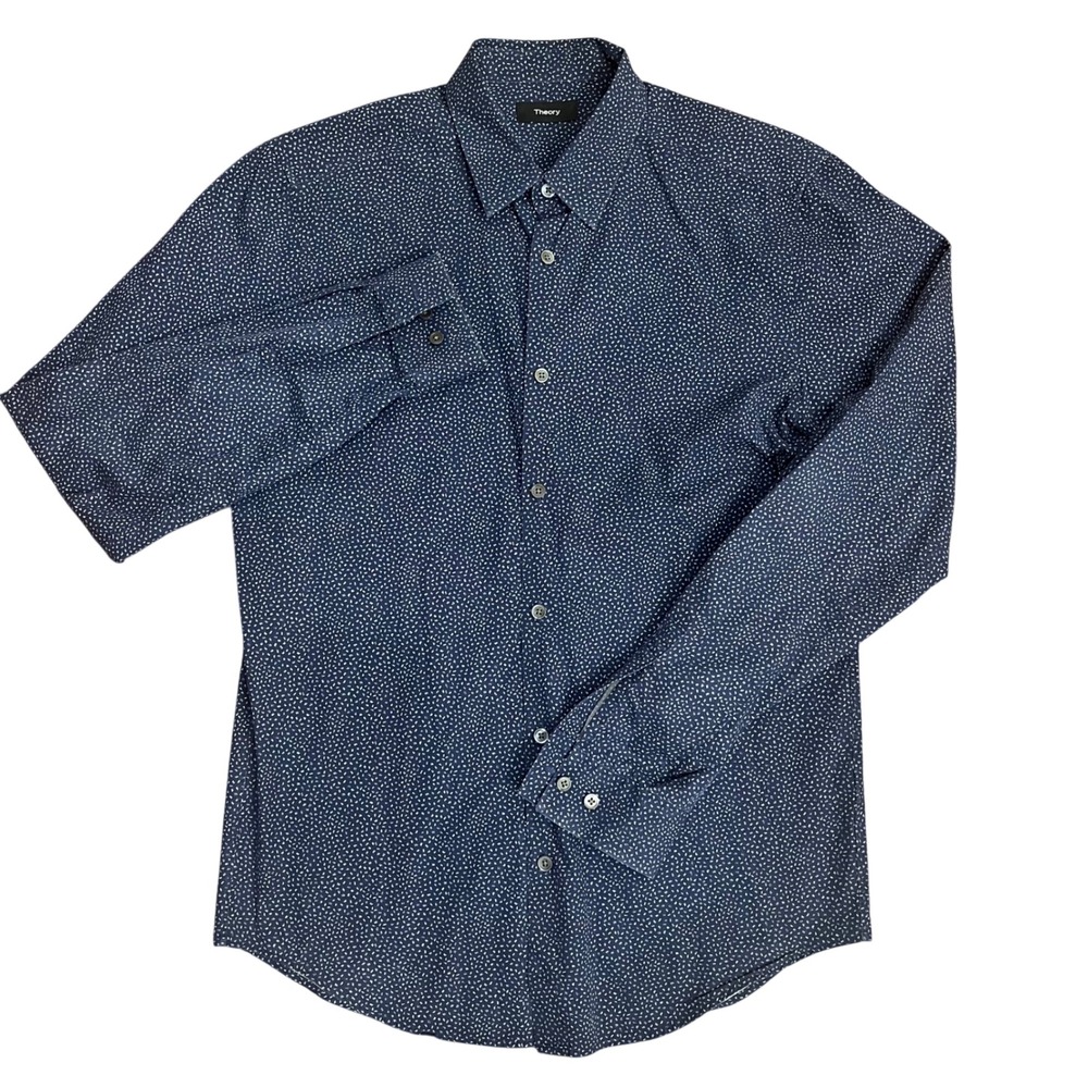 Theory Irving Shirt Mens Small Navy Blue Speck Print Cotton Button Down Long Slv